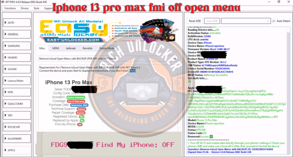 iPhone 13 Pro Max – FMI OFF Open Menu